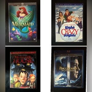 4 DVDs Little Mermaid, Eight Crazy Nights, Percy Jackson, Monster House